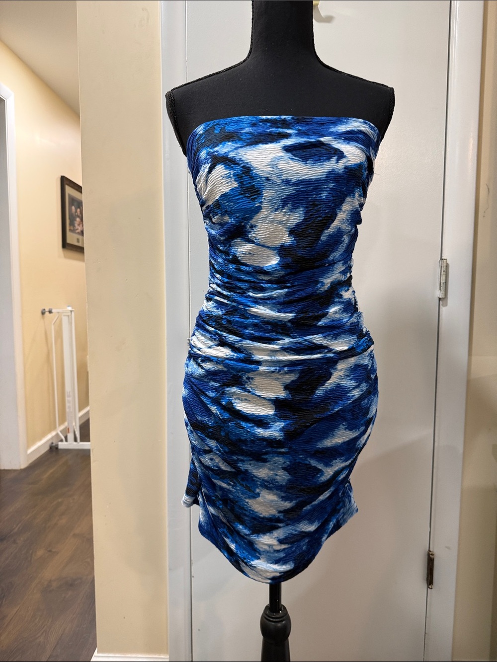 Miscreants Blue & White Abstract Strapless Dress